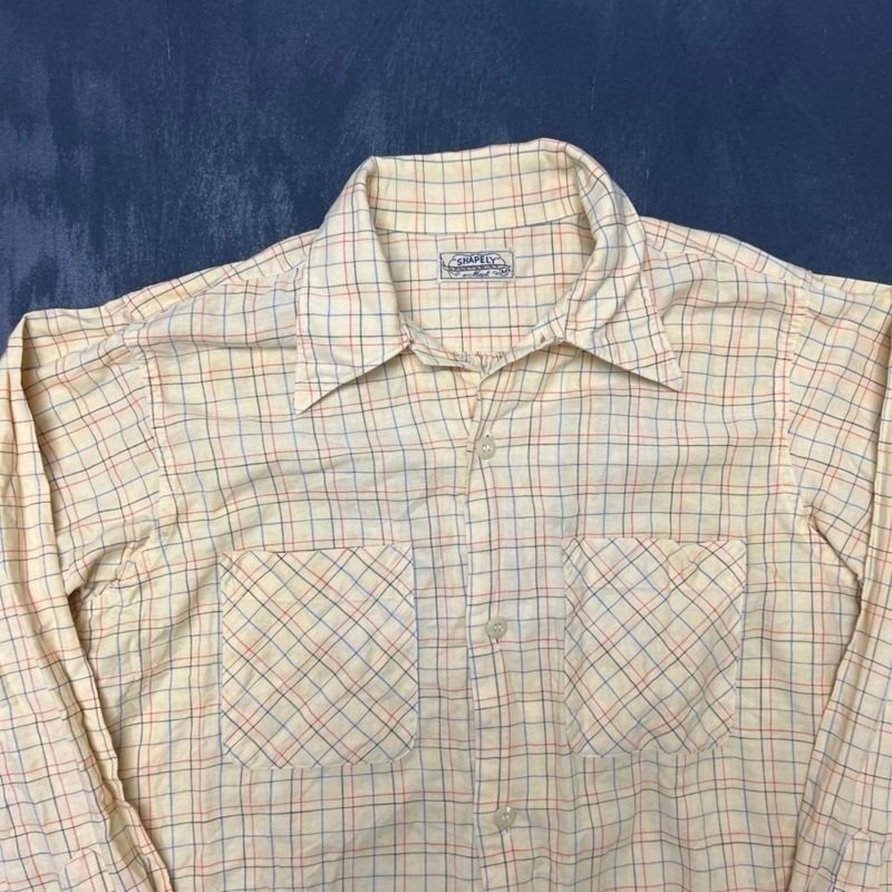Vintage Shapley Mack Button Up Shirt Mens Medium Yellow 1940s Long Sleeve - Picture 2 of 7